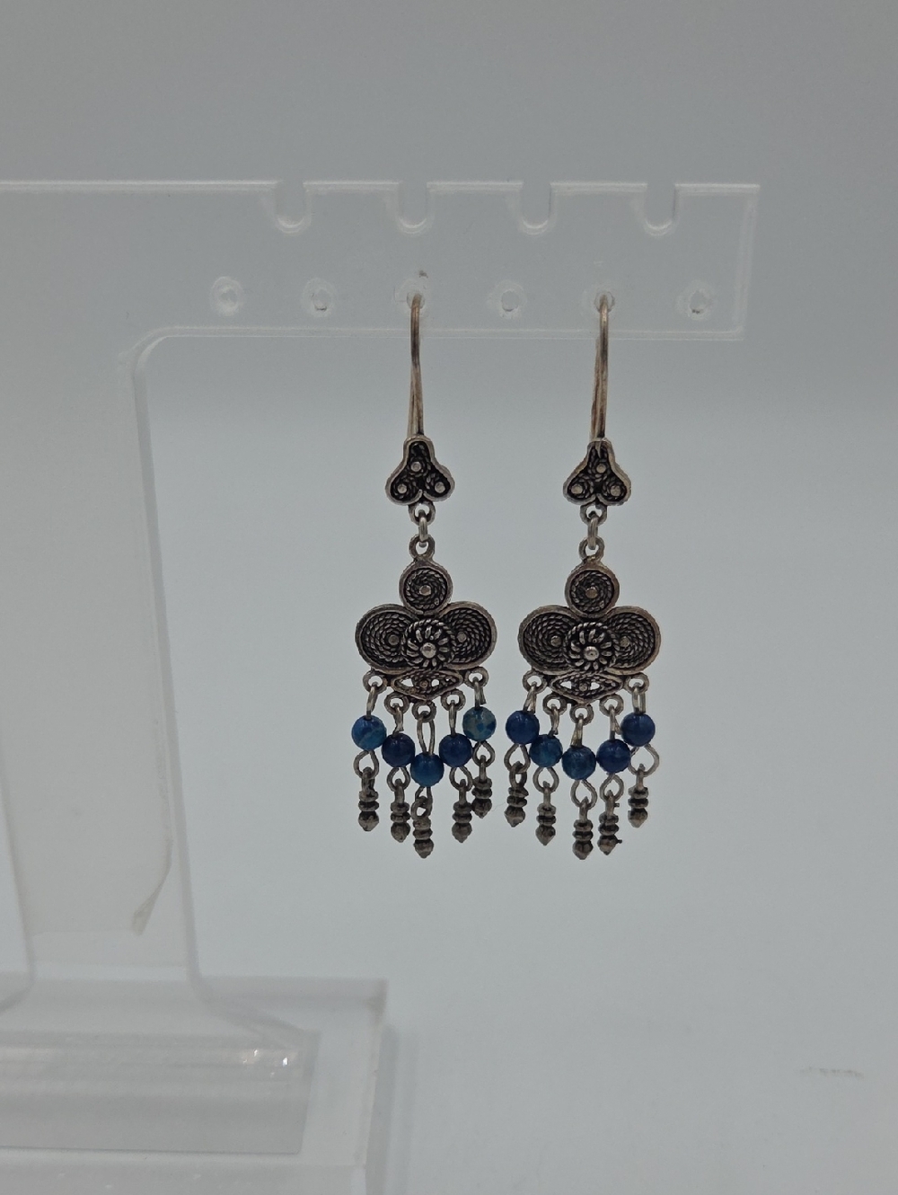 Sterling Silver Floral Chandelier Earrings with Blue Beads